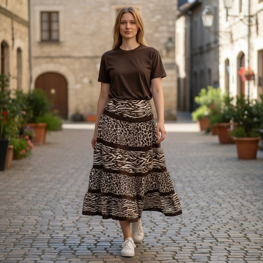 Jones New York Signature Animal Print Tiered Midi Skirt Brown Zebra Giraffe 10 - Picture 1 of 6